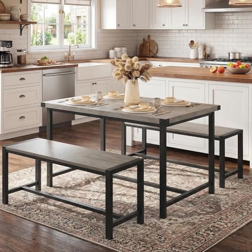GarveeHome Dining Table Set for 4, Kitchen Table with 2 Metal Wood Benches, Rectangular Room Dining Table Set, 3 Piece Farmhouse Kitchen Table Set for Small Space, Apartment, Studio, Rustic Gray by GarveeHome