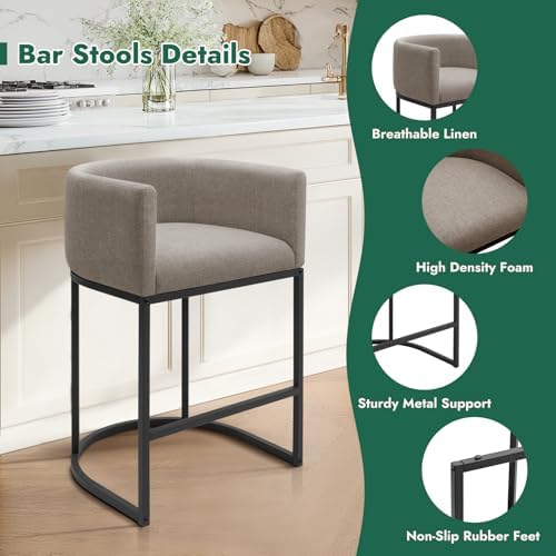 Counter Height Bar Stools Set of 2, 24 Inch Seat Height Barstools for Dining Room, Fabric Upholstered Bar Chair for Kitchen Island, Linen Counter Stools with Metal Legs, Sand - Image 3