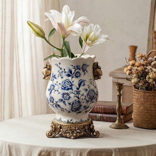 Vintage Blue and White Ceramic Vase with Gold Pedestal, Chinoiserie Floral Urn for Home Decor, 8.3" Antique French Country Retro Ice Cracked Centerpiece for Table, Mantel, and Fresh Flowers - Image 5