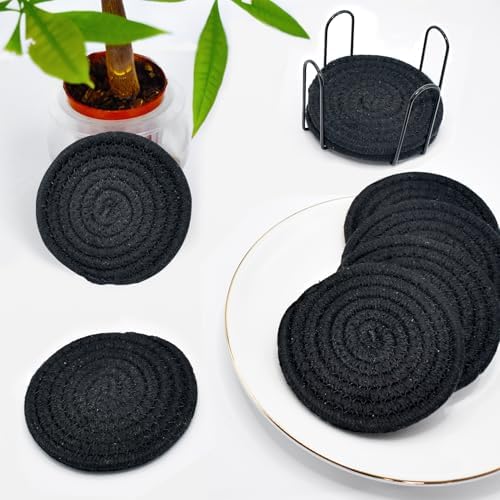ABenkle 8 Pcs Drink Coasters with Holder, Cotton Woven Absorbent Coasters for Drinks, Minimalist Home Decor Coaster Set for Wooden Tabletop Protection Table, 4.3 inches - Image 6