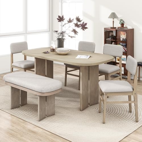 VilroCaz Farmhouse 6-Piece Dining Table Set, Wood Dining Table and 4 Upholstered Chairs& Bench with Smooth Corners, Home Kitchen Dining Room Dining Set for 6 (Natural-3.13) by VilroCaz