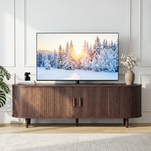 65" Mid Century Modern TV Stand, Wood TV Consoles with Sliding Doors and Power Outlet, Fluted Entertainment Center with Adjustable Shelves, Media Console for Living Room, Walnut - Image 2