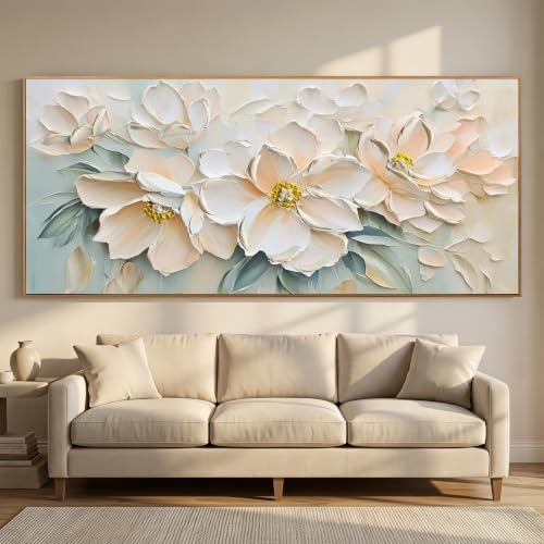 Anolyfi Framed White Floral Canvas Wall Art for Living Room Bedroom 71"x32" - Image 4