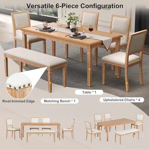VilroCaz Farmhouse 6-Piece Dining Table Set, 59 to 72-Inch Extendable Dining Table with 4 Chairs & Bench, Vintage Kitchen Table Set with Distressed Finish and Retro Carved Legs (Natural-11.6) - Image 6