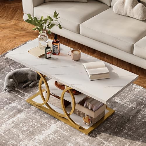 GiftGo Rustic Coffee Table with Storage Modern 3 Tier Center Living Room Table Faux Marble Wooden Rectangle Cocktail Tea Table for Office Bedroom Elegant Full Moon Design (White Gold, L-47) - Image 4