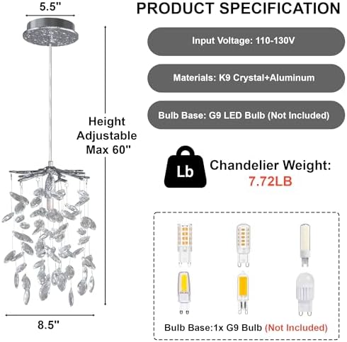 YUYI 8.3" Crystal Pendant Light for Kitchen Island, Modern Silver Tree Branch Chandelier, Luxury Round K9 Crystal Raindrop Pendant Light Fixture for Dining Room, Living Room, Bedroom, Foyer, Entryway - Image 4