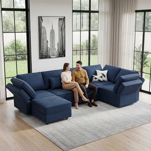 Vesgantti 92" 6 Seats L Shaped Modular Sectional Couch with Storage, Blue - Image 7