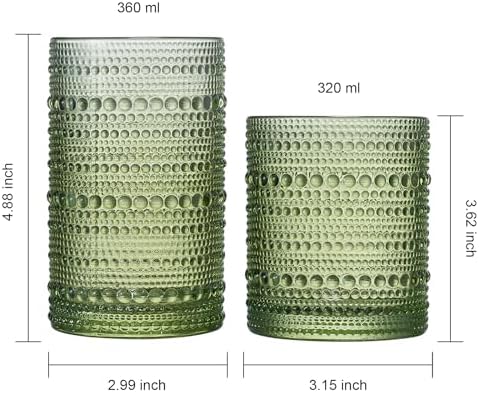 Khen Hobnail Beaded Highball Drinking Tumbler Glasses | Set of 12 | Color, Vintage Bubble Design Whiskey Glassware, Old-Fashioned, Embossed Design for Water Wine, Cocktail Embossed Heavy Glass (Green) - Image 4
