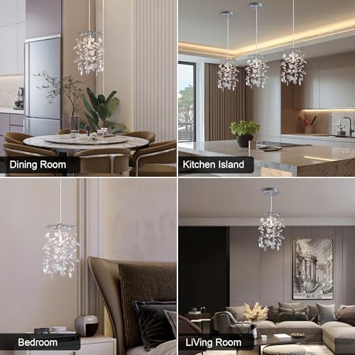 YUYI 8.3" Crystal Pendant Light for Kitchen Island, Modern Silver Tree Branch Chandelier, Luxury Round K9 Crystal Raindrop Pendant Light Fixture for Dining Room, Living Room, Bedroom, Foyer, Entryway - Image 2