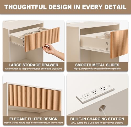 Fluted Nightstands Set of 2, Night Stand with Charging Station, Modern Bed Side Table with Drawer and Storage Shelf, Wood Mid Century End Table for Bedroom Living Room (White&Oak) - Image 7