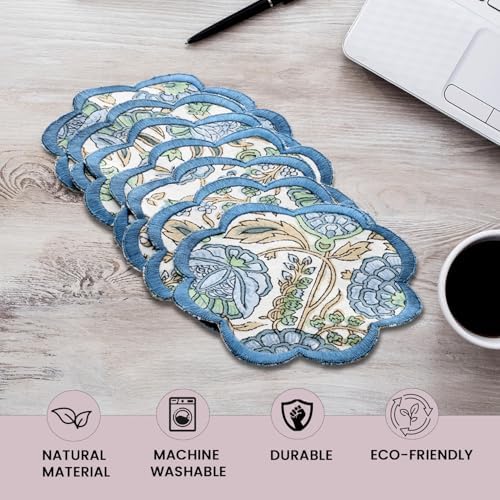 Ridhi 8-Pcs 100% Cotton Hand Block Print Drink Coasters 5" in Asparagus Green - Image 4