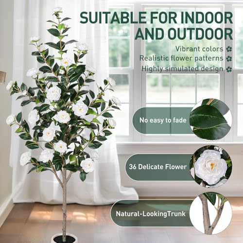 Yepdin 63 inch Artificial Camellia Tree with White Flower Pots -2 Pack White Fake Tree,5 Ft Faux Plants Indoor wich Blooming,Artificial Plants for Indoor & Outdoor Home Front Door Decor - Image 5