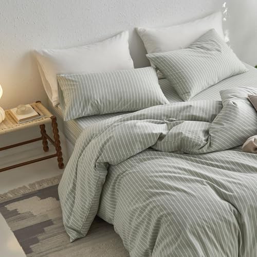 MooMee Striped Duvet Cover Set 100% Washed Cotton Linen Like Cal King - Image 4