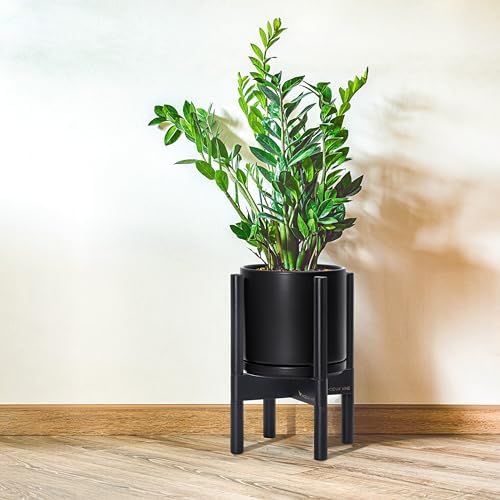 D'vine Dev Ceramic Pot with Ebony Wood Stand, Black, 8 in, 55-B-M-2 - Image 2