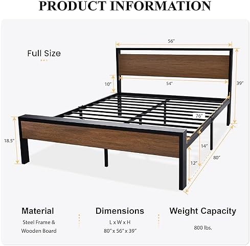 SHA CERLIN 14 Inch Full Size Metal Platform Bed Frame with Wooden Headboard and Footboard, Mattress Foundation, No Box Spring Needed, Large Under Bed Storage, Non-Slip Without Noise, Walnut - Image 2
