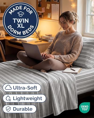 Twin XL 3 Piece Sheet Set - College Dorm Room Essentials - Grey Stripes - Image 2