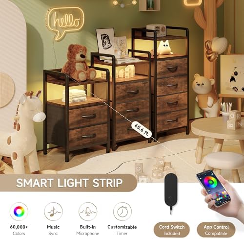 Lazzanto Nightstand with Rear Charging Station, LED Light, 2 Drawers, Brown - Image 4