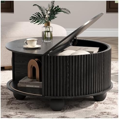 JOINICE 31.5" Round Coffee Table with Storage,Unique Bun Feet,Black by Joinice