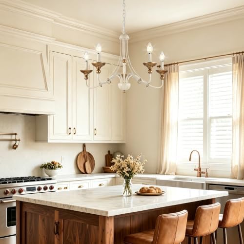 Sigaitwei 5‑Light French Country Candle Chandelier, Distressed Off‑White with Antique‑Gold Accents, Pendant Hanging Light Fixture for Dining Room, Foyer, Bedroom, E12 Base - Image 3