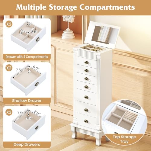 DREAMADE Jewelry Armoire, Standing Jewelry Box w/Mirror & 7 Drawers, White - Image 3
