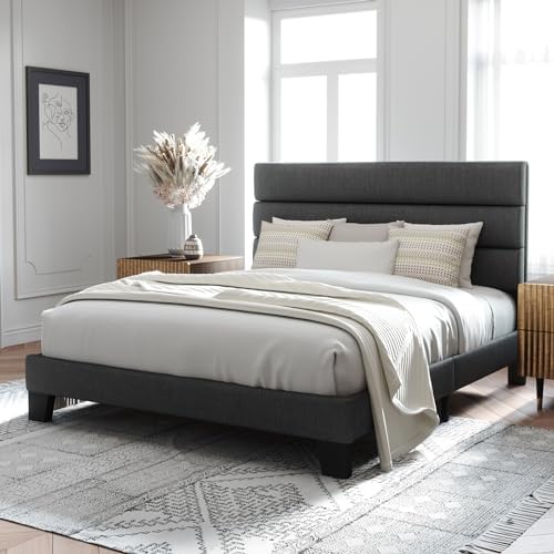 Allewie Full Size Platform Bed Frame with Fabric Upholstered Headboard Gray - Image 3