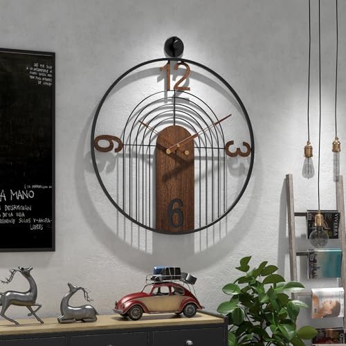Modern Large Walnut Dial Wall Clock, Wood Metal Frame Silent Non Ticking Wall Clocks Decoration for Living Room, Bedroom, Kitchen, Study, Handmade Home Decor Present Idea, 22 Inch by VIVIFLYSE