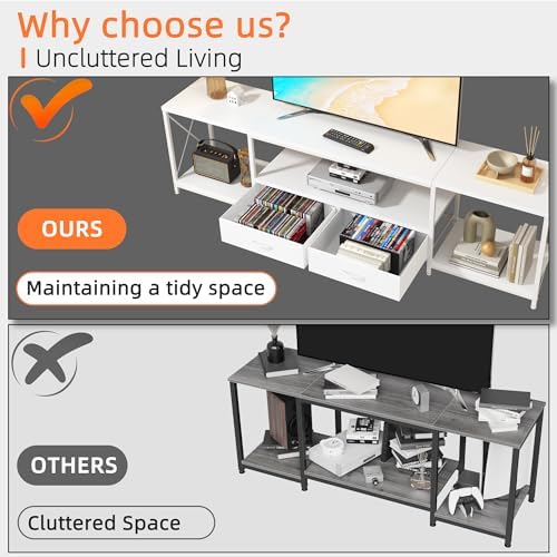 GYIIYUO TV Stand with Fabric Drawer for 65 70 75 Inches TV - Entertainment Center and Industrial TV Console Table with Open Storage Shelves for Living Room, Bedroom - 63" White - Image 3