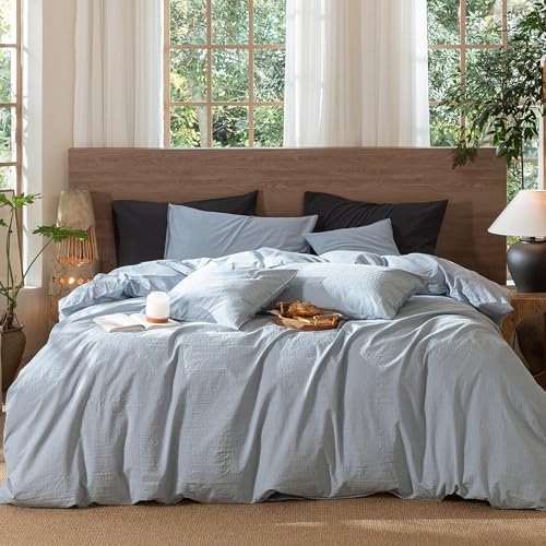 MooMee Wavy Striped Duvet Cover Set 100% Washed Cotton Linen Like Textured Breathable Durable Soft Comfy (Cornflower Blue, Queen 90"x90") by MOOMEE