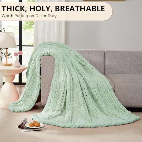 L'AGRATY Chunky Knit Throw Blanket for Couch, 60 x 80 Inches, Milky Green - Image 5