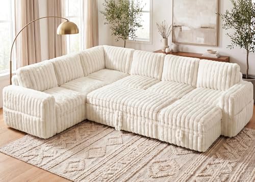 HONBAY Plush Corduroy Modular Sectional Sofa with Pull Out Bed, Convertible U Shaped Couch with Storage,Sleeper Sectional Couches for Living Room,Plush Beige by HONBAY