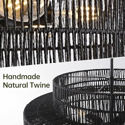 24" Black Rattan Chandelier for Dining Room, Boho Pendant Light - Image 3