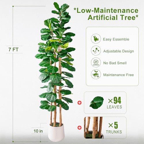 Large Fake Fiddle Leaf fig Trees Tall Artificial ficus Tree Indoor Outdoor Realistic Floor Plant Faux Plastic Plants Flowers for House Home Living Room Office Front Porch Modern Farmhouse Decor - Image 2
