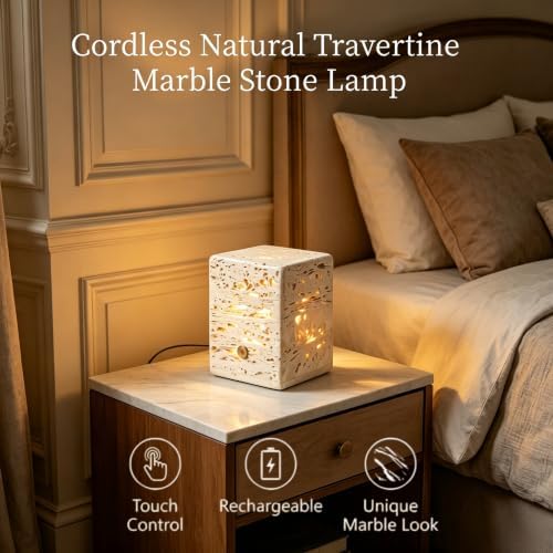 Marble Lamp Touch Light, Natural Travertine Stone Lamp, Rechargeable 3-Color Dimmable Bedside Night Light, Cordless Marble Table Lamp for Bedroom Living Room Bedside Decor (3x3x4in) - Image 5
