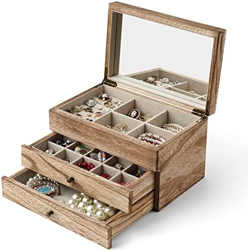 Meangood Jewelry Box Organizer for Women, 3 Layer Large Jewelry Storage Case, Rustic Wooden Jewelry Box with Mirror & Ring Tray for Necklace Earring Bracelets Rings, Vintage Style (Carbonized Black) - Image 7