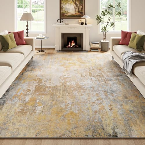 Beige Gold Washable Rug 6x9 Area Rugs for Living Room Bedroom Carpet, Indoor Vintage Abstract Boho Large Rug Non Slip Faux Wool Rugs for Dorm, Dining Room Table, Nursery, Kids Playroom by Acapet
