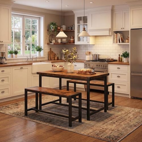 GarveeHome Dining Table Set for 4, Kitchen Table with 2 Metal Wood Benches, Rectangular Room Dining Table Set, 3 Piece Bench Table Set for Small Space, Apartment, Studio, Rustic Brown - Image 2