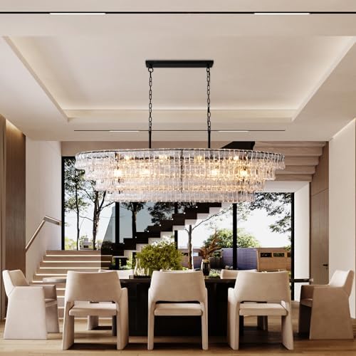 YIOSI 65 Inch Large Rectangular Black Chandelier for Dining Room, Clear Glass Drum Modern Pendant Light Fixture, Extra Long Kitchen Island Lighting - Image 4