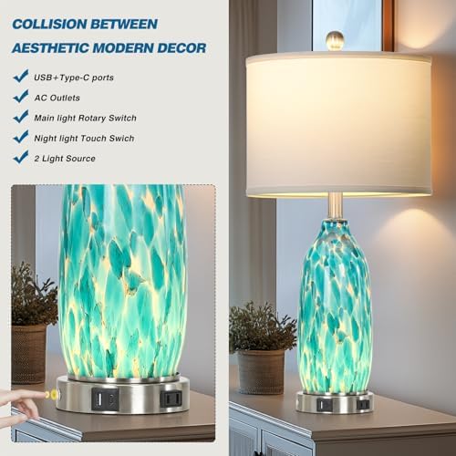 Rinweey 26" Peacock Green Glass Table Lamps Set of 2,Coastal Nautical Bedside Lamps with USB Ports & AC Outlet,Lamparas Elegantes para Cuarto with Night Light for Bedroom Living Room Decoration - Image 3