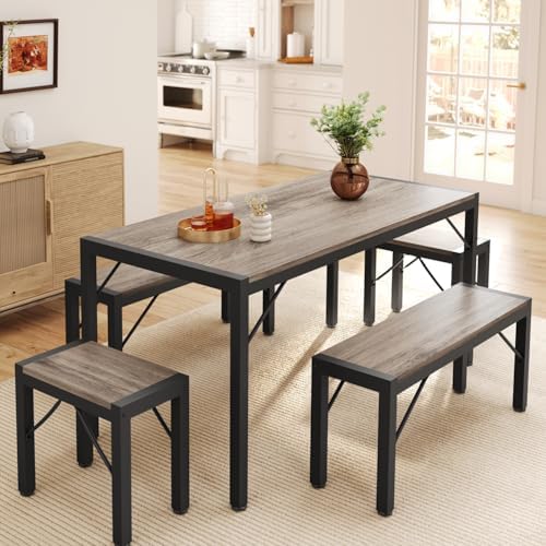 Gizoon 63" Dining Table Set for 6, Kitchen Table w/Bench & Stools Grey by Gizoon