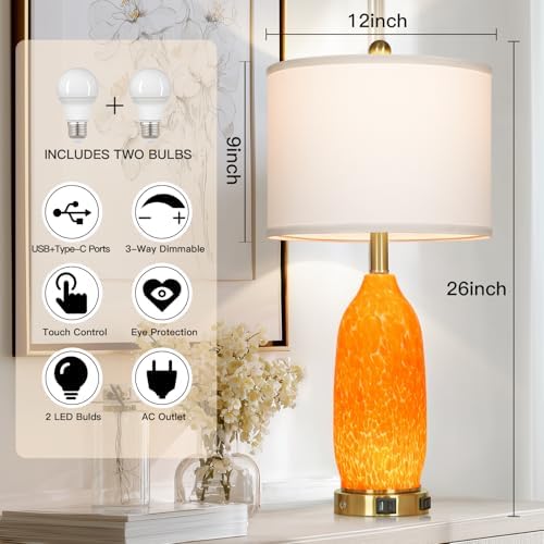 Rinweey 26" Modern Orange Glass Table Lamp Set of 2,Bedside Lamps with USB A+C Ports & AC Outlet, Nightstand Lamp with 3-Way Dimmable Touch Control Night Light for Bedroom Living Room(Bulbs Included) - Image 2