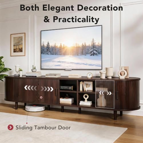 90" Mid Century Modern TV Stand, Wood TV Consoles with Sliding Doors and Power Outlet, Entertainment Center with Adjustable Shelves, Fluted TV Stands for Living Room, Walnut - Image 3
