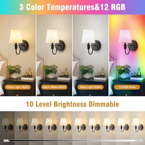 Battery Operated Wall Sconce Set of 2,Rechargeable Wall Sconce with 10000mAh Dimmable Bulb and Remote,LED 15 Colors Black Wireless Battery Powered Wall Lamp with Fabric for Bedroom Living Room - Image 2