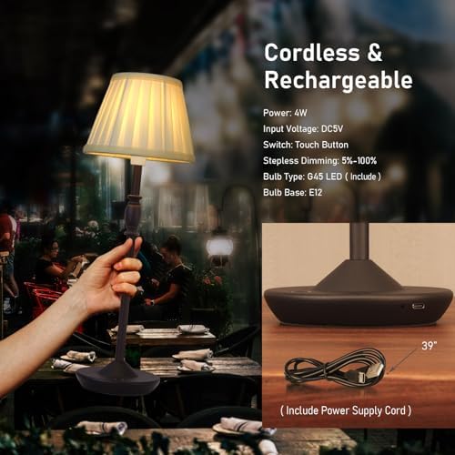 Cordless LED Touch Lamp with Dimmer Portable Small Table Lamp, 18" 2700K Rechargeable Battery Light for Bedside, Dining Room, Bedroom Lamp, Patio, Bar, Night Light, Bathroom (Sand Black) - Image 5