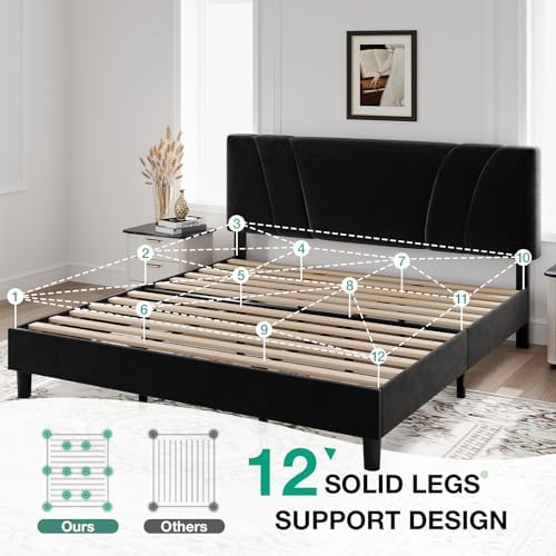 Novilla King Bed Frame and Headboard, King Bed Frame, Velvet Upholstered Bed Frames, No Box Spring Needed, Heavy Duty Feet, Easy Assembly, Black Velvet - Image 5