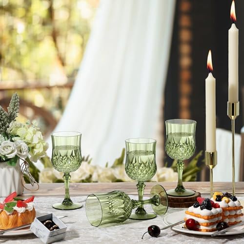 XUWAIDSGN 100Pcs Plastic Vintage Wine Glasses 7oz Reusable Embossed Goblet Glasses Pink Retro Wine Glassware Unbreakable Stemmed Champagne Water Cups for Wine Cocktail Juice Wedding (100, Dark Green) - Image 7
