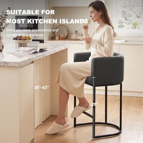 26" H Counter Height Bar Stools Set of 2, Modern Barrel Counter Stools with Backrest and Arms, Linen Fabric Upholstered Accent Barstools for Kitchen Island,Support 450 LBS (Carbon Black) - Image 3