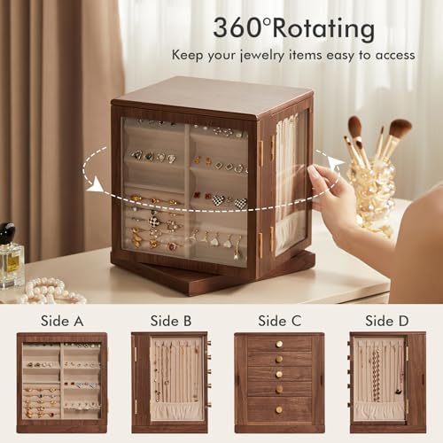 CHOSIN 360° Rotating Walnut Wooden Jewelry Box with 5 Drawers for Women - Image 3