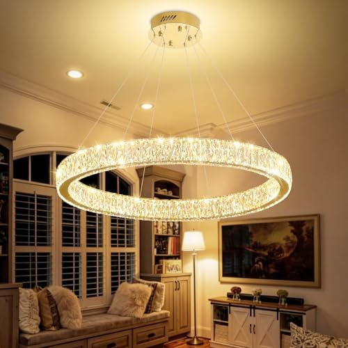 Modern LED Gold Ring Chandelier 31.5" Dimmable Adjustable Crystal Ring Pendant Light for Dining Room Living Room by IDEQUY