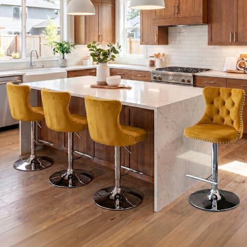 SoarFlash Velvet Bar Stool Set of 6, Adjustable Swivel Bar Stools with Silver Plated Metal Leg, Button Tufted, Footrest, Chrome Nailhead, Counter Height Chair for Kitchen, Bar, Dining Room (Gold) - Image 4