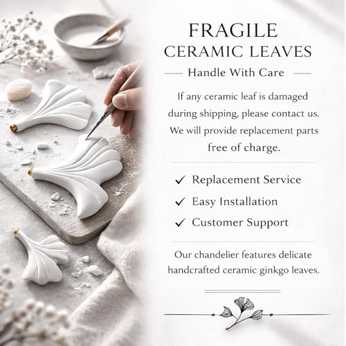 Modern Chandelier Ceiling Light, Gold Ceramic Ginkgo Leaf Chandeliers Brass Chandelier Light Fixture for Kitchen Living Room Dining Room, 24" Ceiling Light Fixture - Image 3